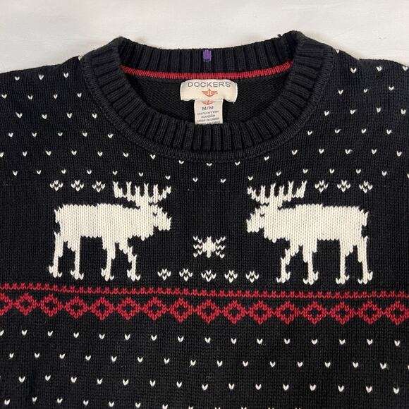 Dockers Christmas Sweater Mens Size M Black Fair Isle Reindeer Knit Pullover VTG - Picture 2 of 12